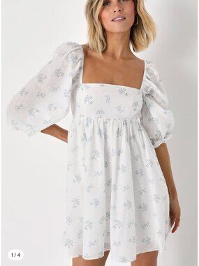 Lulus Always Charming White Floral Swiss Dot Babydoll Dress NWT